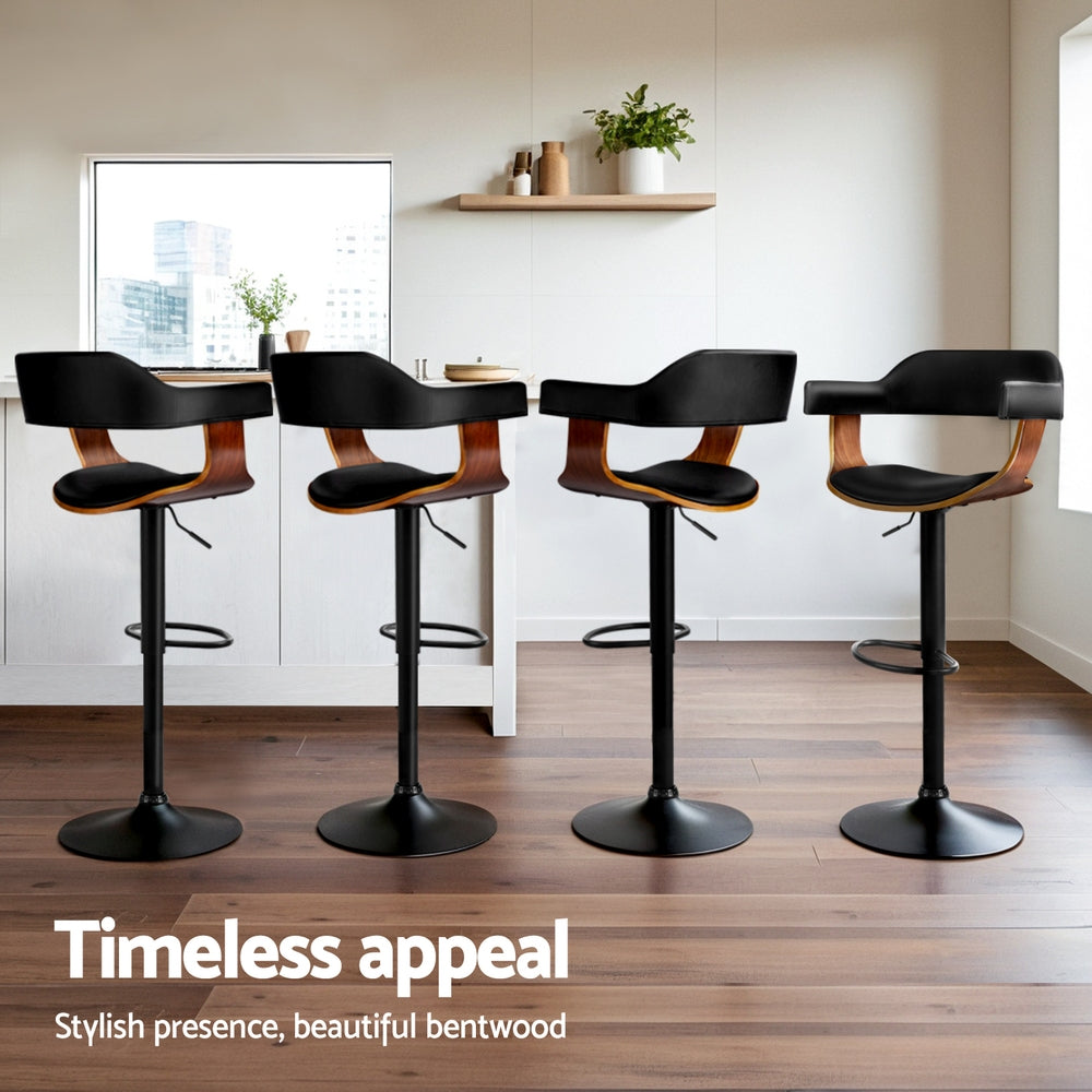 4x Bar Stools Gas Lift Leather with Armrest All Black