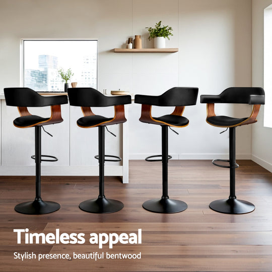 4x Bar Stools Gas Lift Leather with Armrest All Black