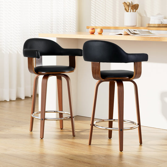 Set of 2 Bar Stools PU Leather Wooden Swivel - Wood