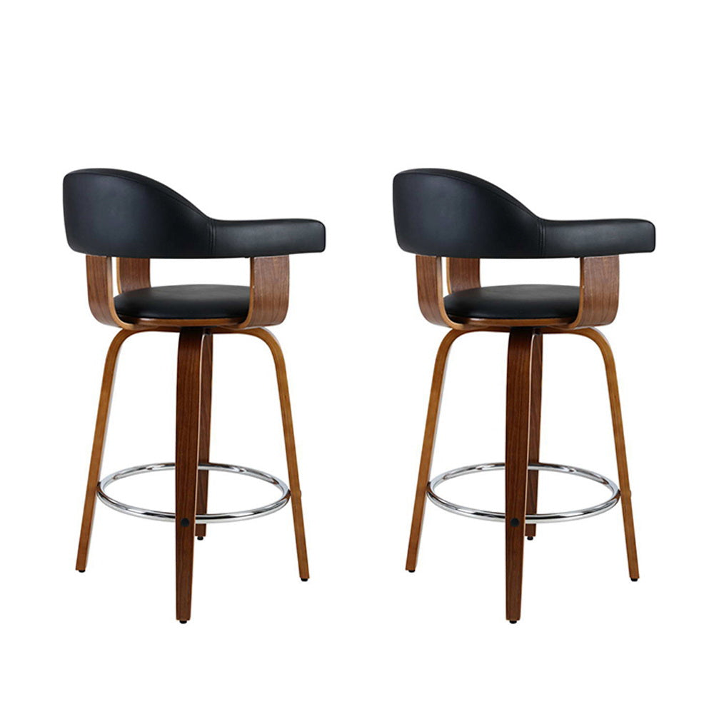 2 Pack Bar Stools Leather Seat Wooden Legs Modern Kitchen Bar Chairs