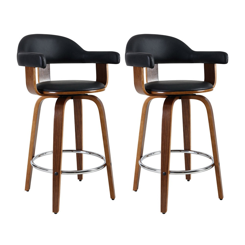 2 Pack Bar Stools Leather Seat Wooden Legs Modern Kitchen Bar Chairs