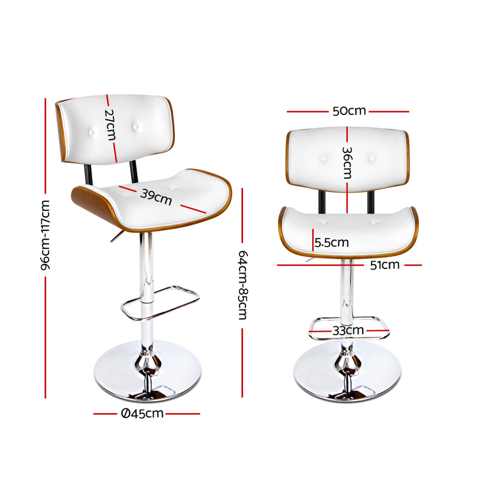 Set of 2 Wooden Bar Stools Bar Stool Kitchen Chair Dining White Pad Gas Lift