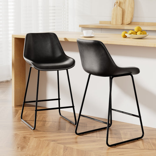 Set of 2 Metal Bar Stools Dining Chairs PU Leather Black
