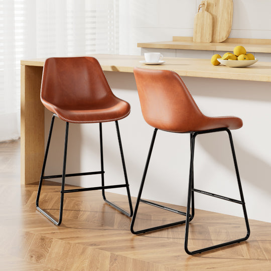 Premium PU leather Set of 2 Bar Stools Dining Chairs-Brown