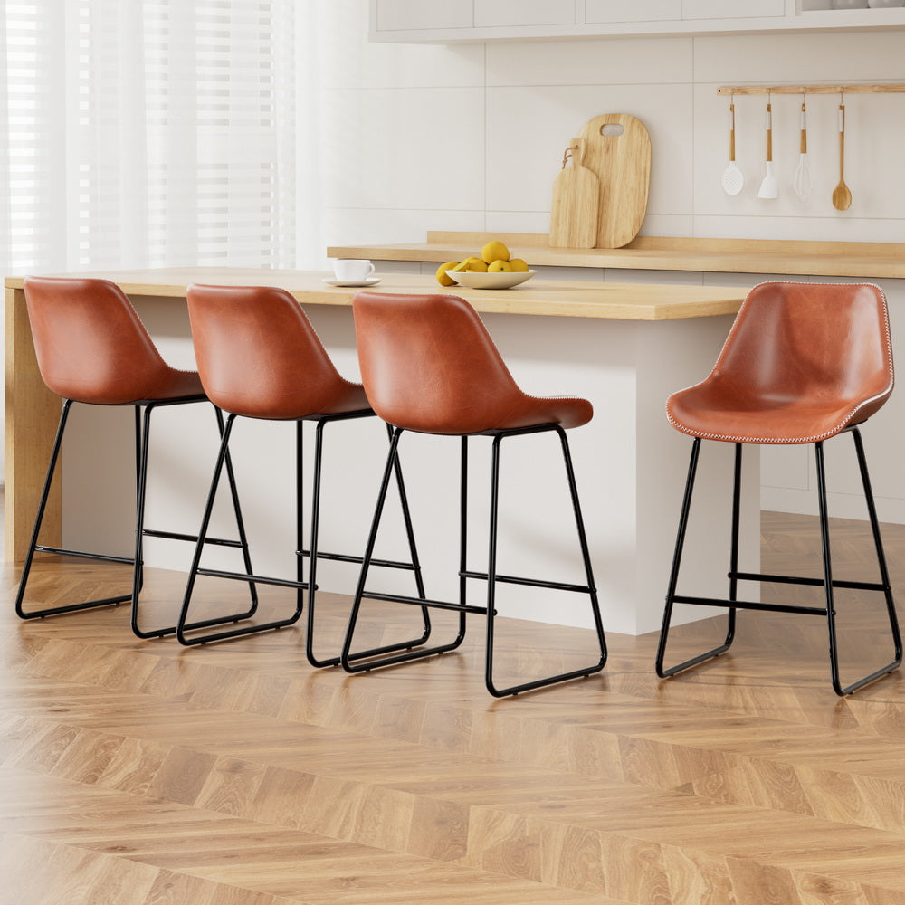 Massage Chairs - 4x Bar Stools Leather Padded Metal Legs Brown