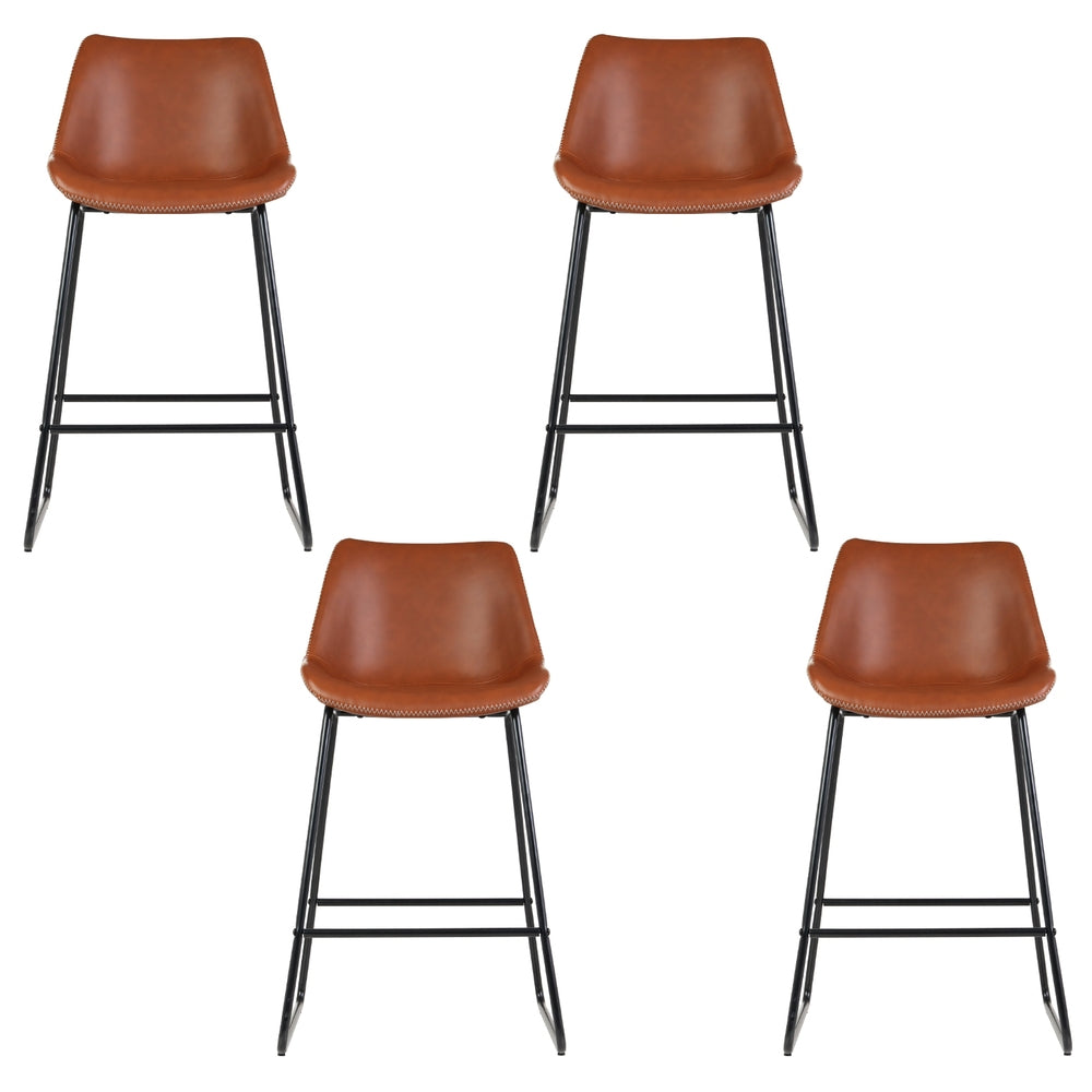 4x Bar Stools Leather Padded Metal Legs Brown, Leather finish