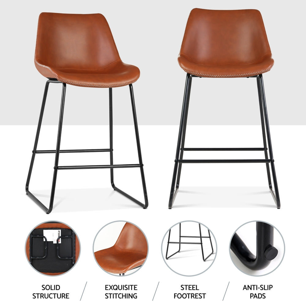 Barstools - 4x Bar Stools Leather Padded Metal Legs Brown