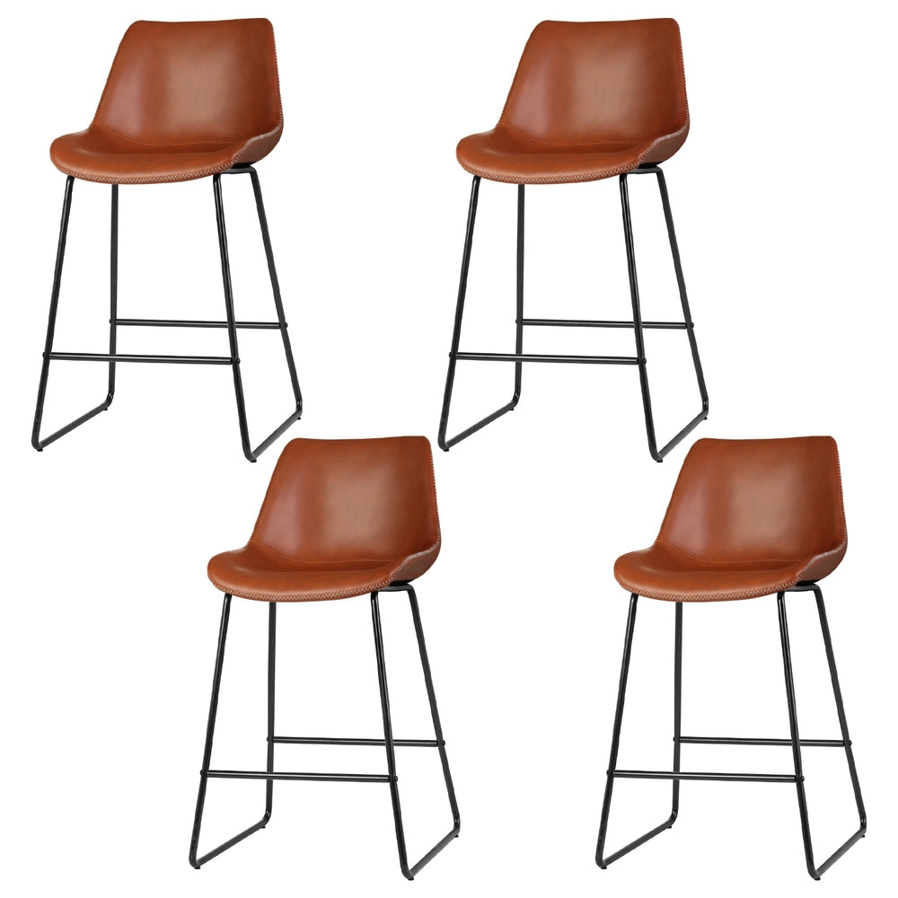 Leather finish - 4x Bar Stools Leather Padded Metal Legs Brown