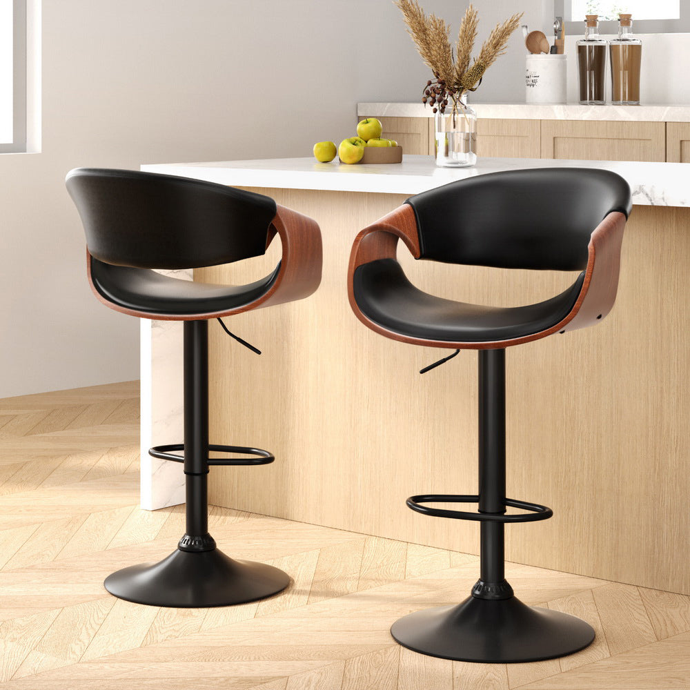 2x Black Gas Lift Bar Stools with Armrest PU Leather Swivel Adjustable Kitchen Chairs