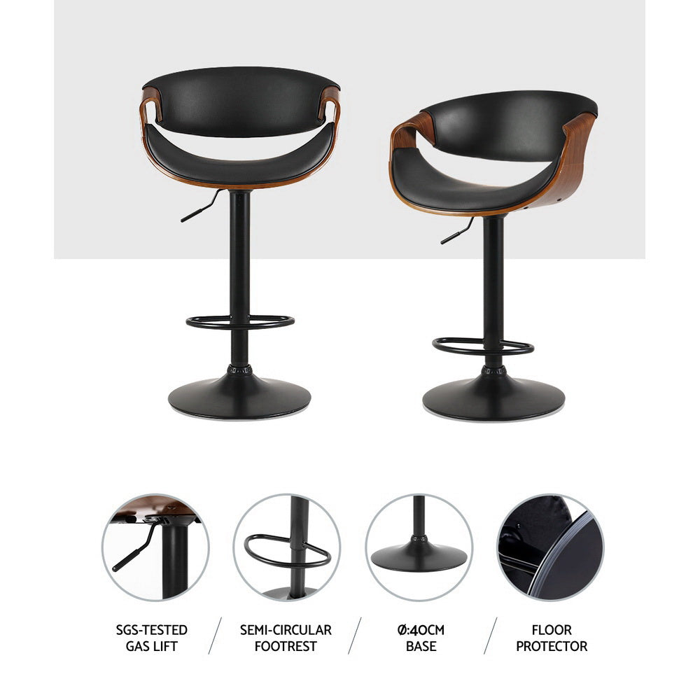 2x Black Gas Lift Bar Stools with Armrest PU Leather Swivel Adjustable Kitchen Chairs