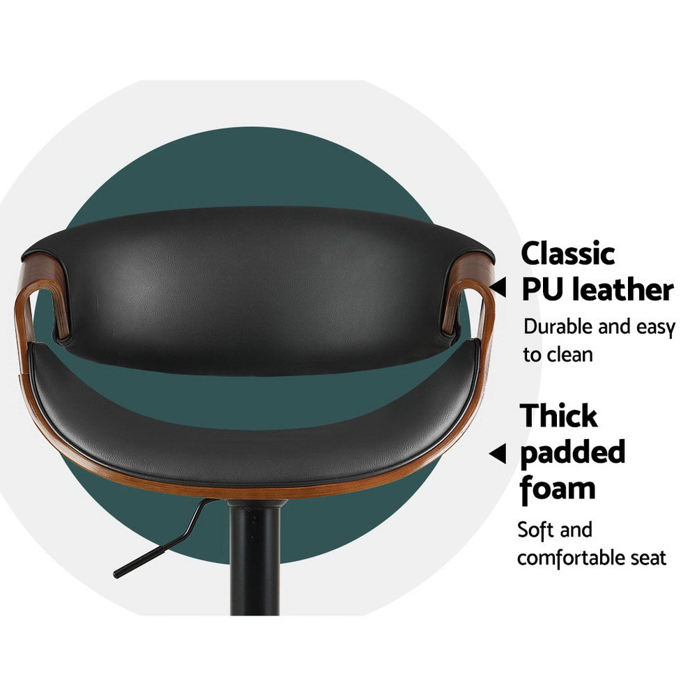 2x Black Gas Lift Bar Stools with Armrest PU Leather Swivel Adjustable Kitchen Chairs