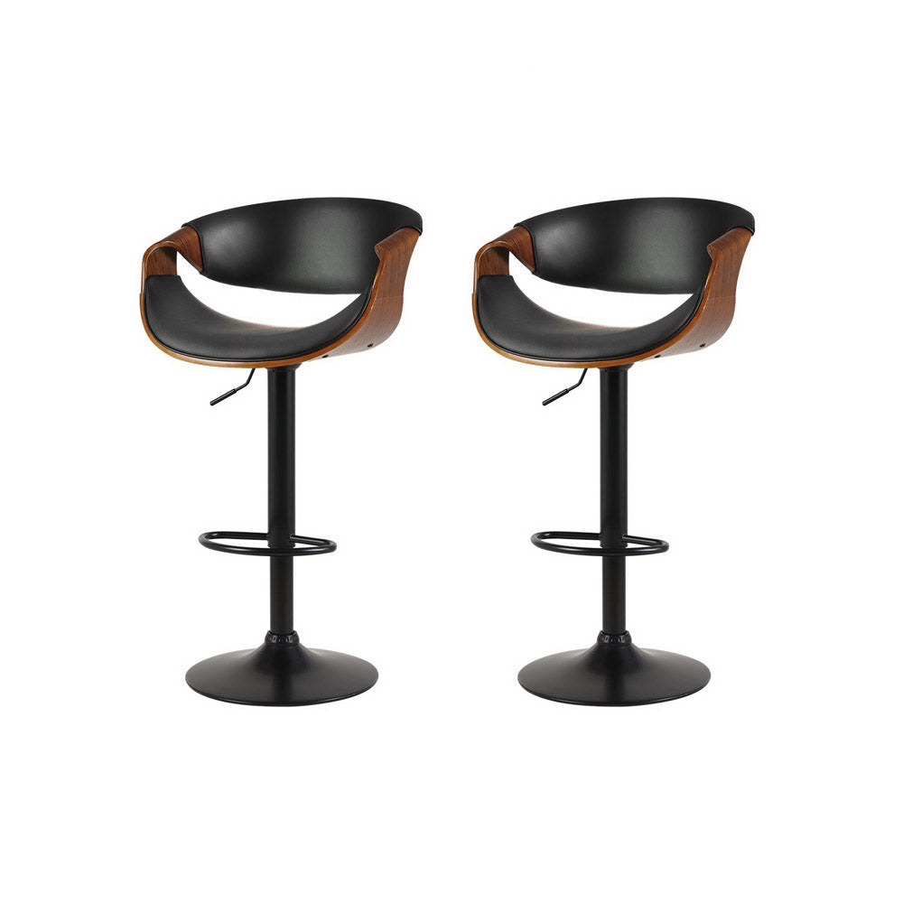 2x Black Gas Lift Bar Stools with Armrest PU Leather Swivel Adjustable Kitchen Chairs