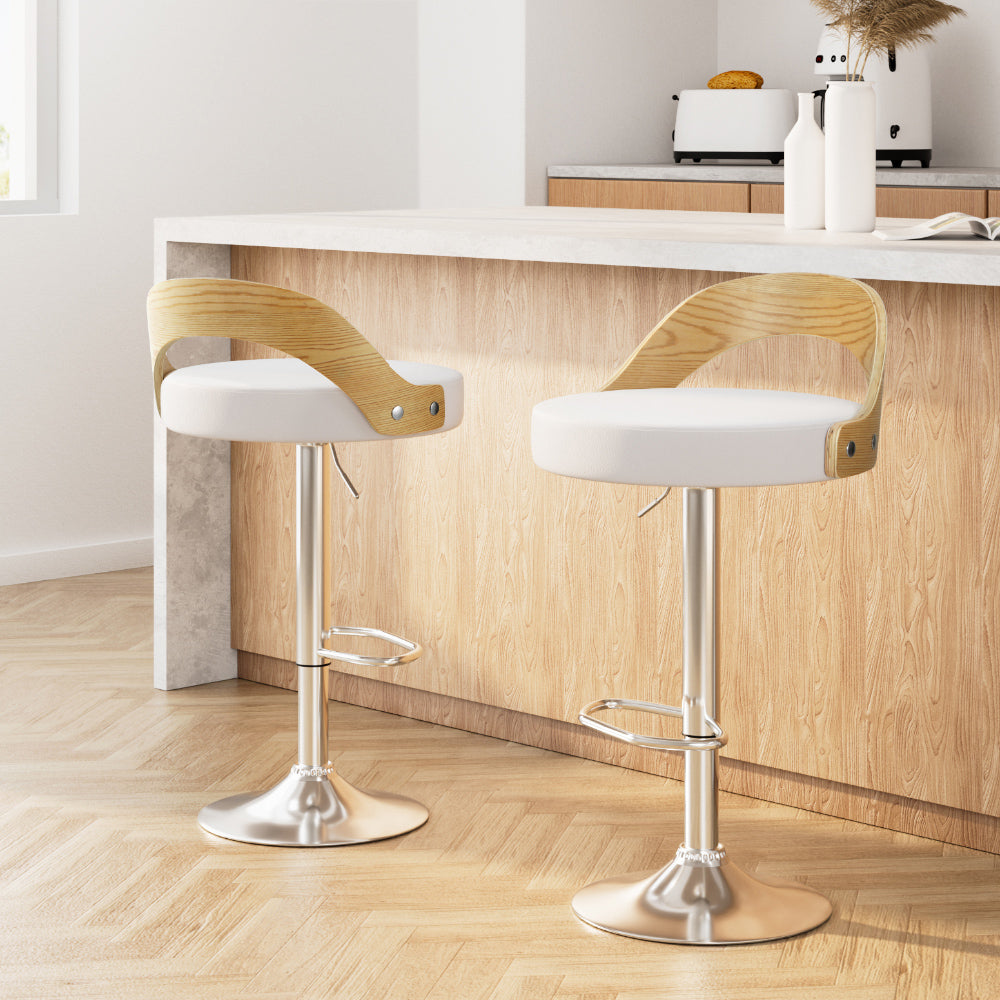 Set Of 2 Bar Stools Kitchen Gas Lift Wooden Stool Metal Barstools White Swivel