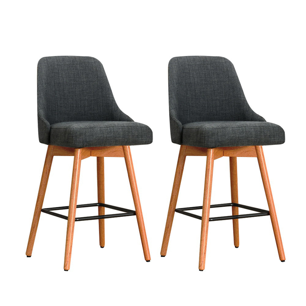 2x Swivel Bar Stools Wooden Linen Seat Charcoal Kitchen Counter Height Chairs