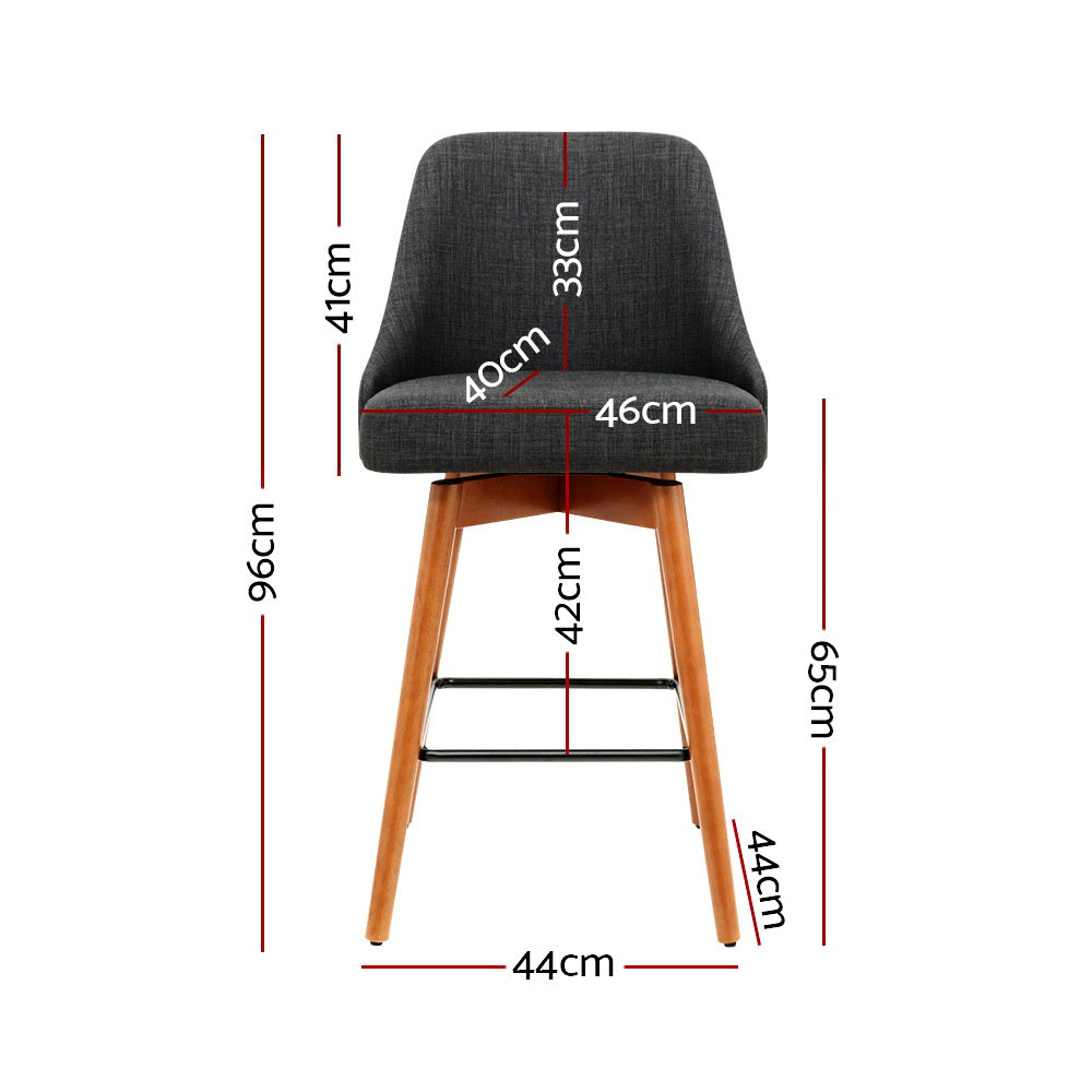 2x Swivel Bar Stools Wooden Linen Seat Charcoal Kitchen Counter Height Chairs