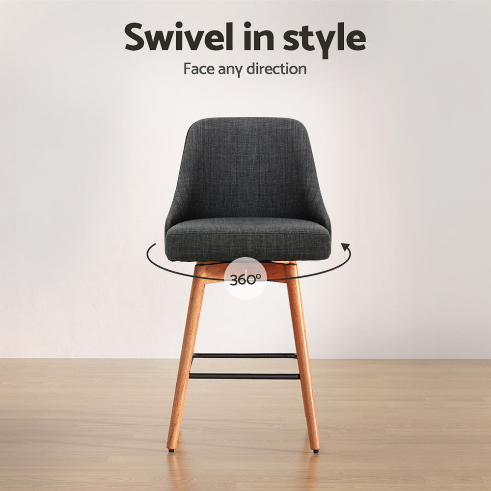 2x Swivel Bar Stools Wooden Linen Seat Charcoal Kitchen Counter Height Chairs