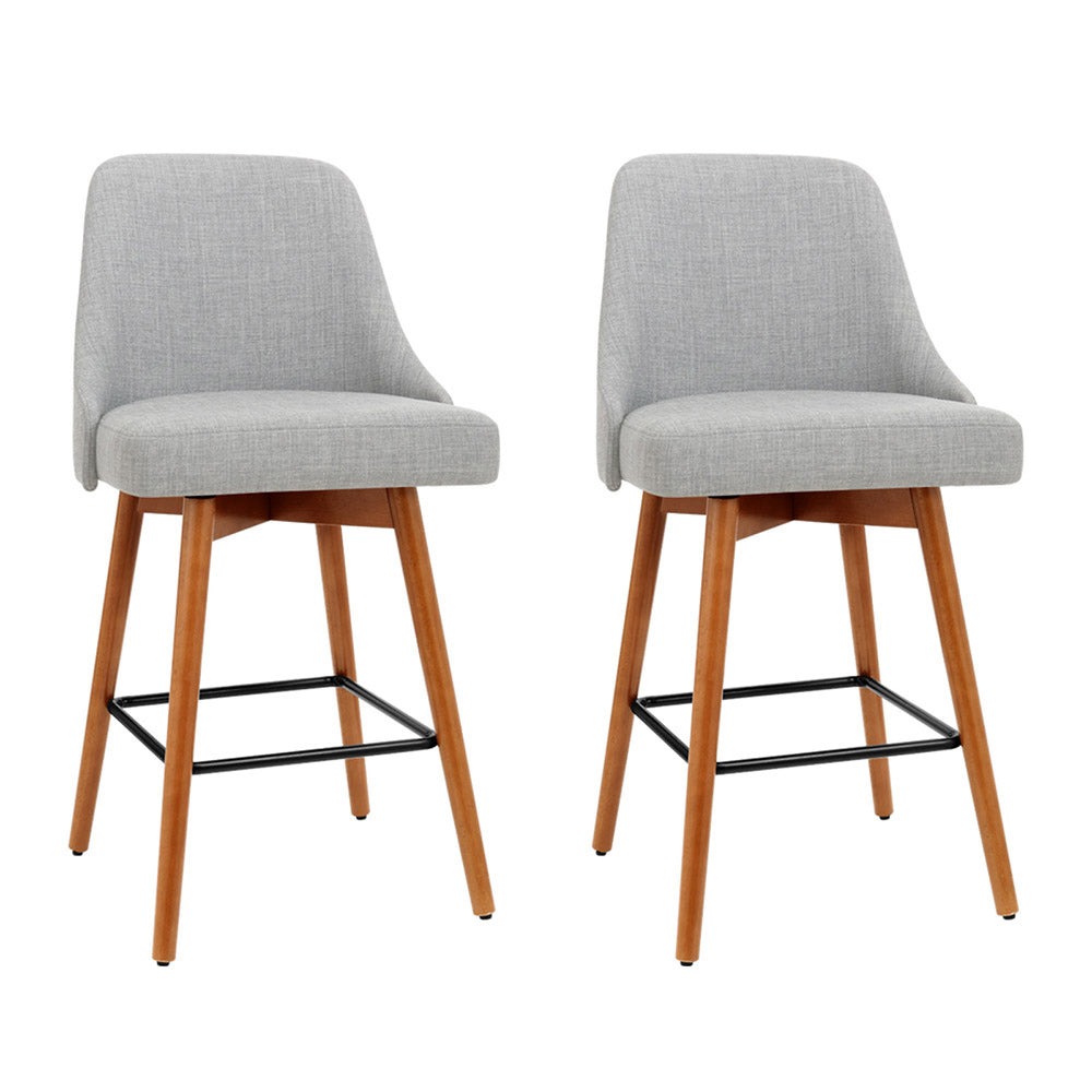 2x Wooden Bar Stools Swivel Bar Stool Kitchen Cafe Fabric Light Grey