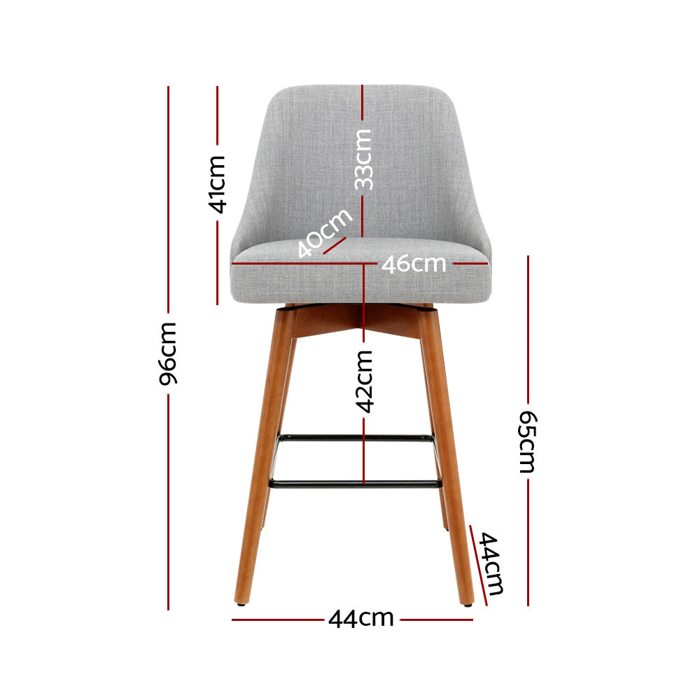 2x Wooden Bar Stools Swivel Bar Stool Kitchen Cafe Fabric Light Grey