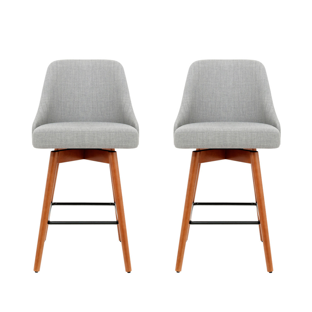 2x Wooden Bar Stools Swivel Bar Stool Kitchen Cafe Fabric Light Grey