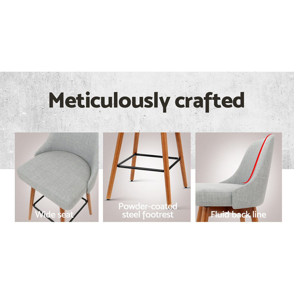 2x Wooden Bar Stools Swivel Bar Stool Kitchen Cafe Fabric Light Grey