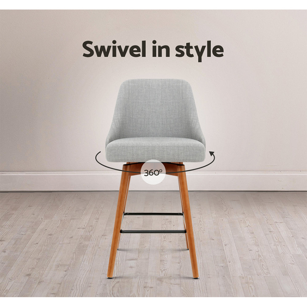 2x Wooden Bar Stools Swivel Bar Stool Kitchen Cafe Fabric Light Grey