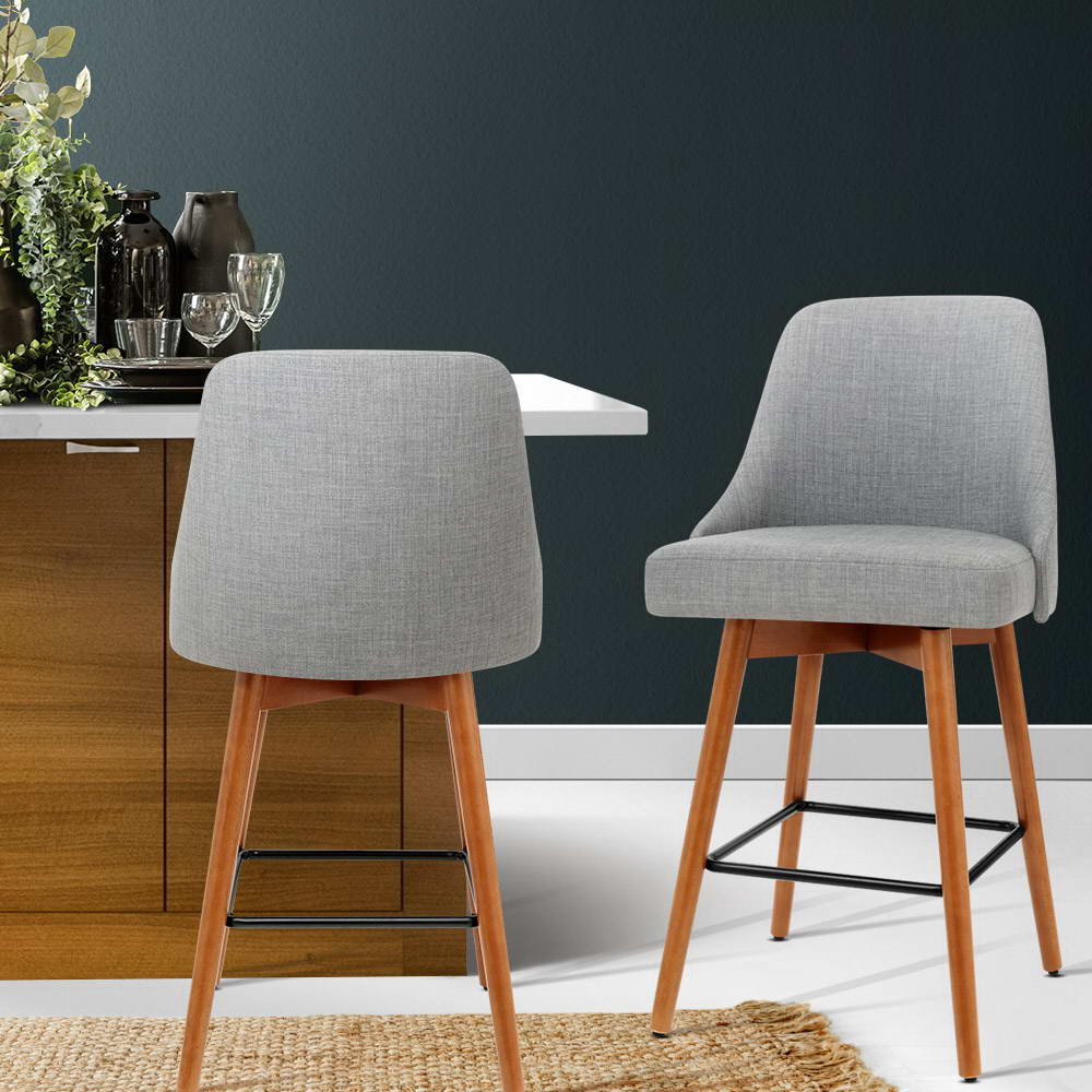 2x Wooden Bar Stools Swivel Bar Stool Kitchen Cafe Fabric Light Grey