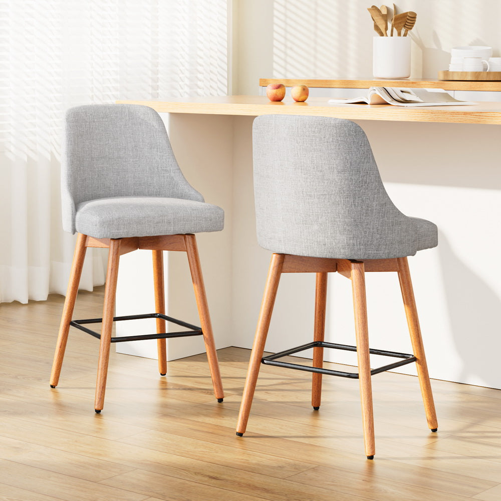 2x Wooden Bar Stools Swivel Bar Stool Kitchen Cafe Fabric Light Grey