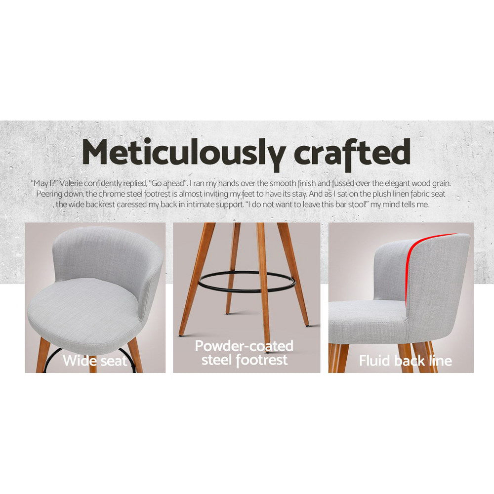 2x Bar Stools Linen Padded Wooden Grey