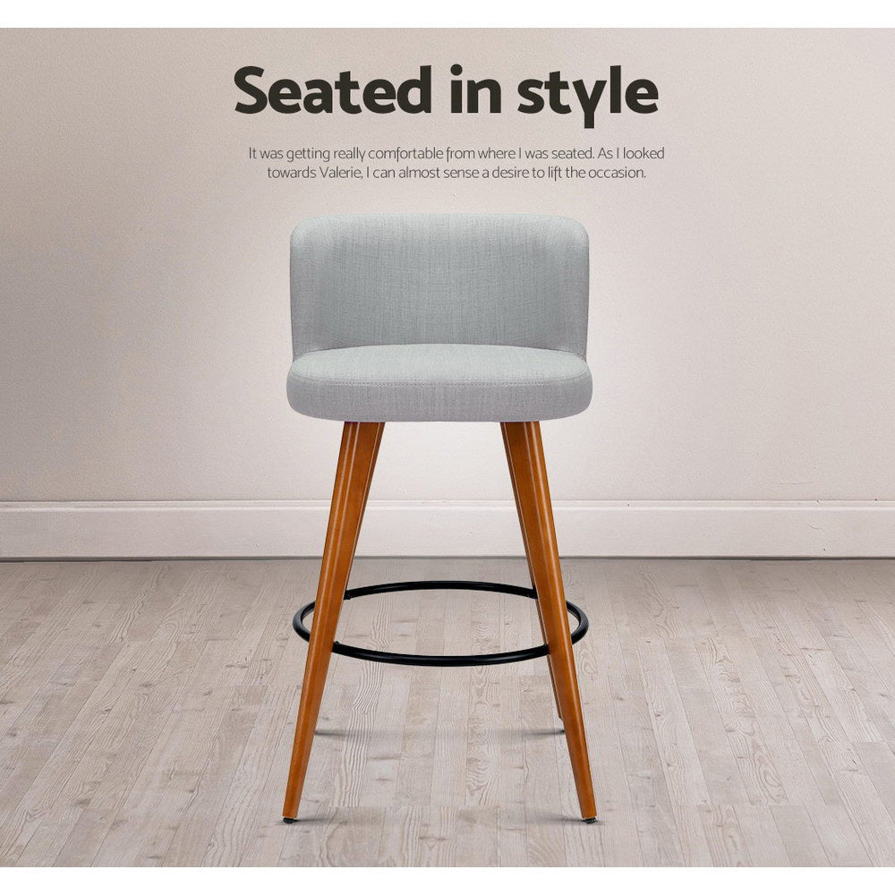 2x Bar Stools Linen Padded Wooden Grey