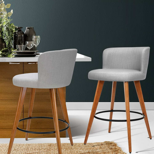2x Bar Stools Linen Padded Wooden Grey - Artiss Modern Stool Kitchen