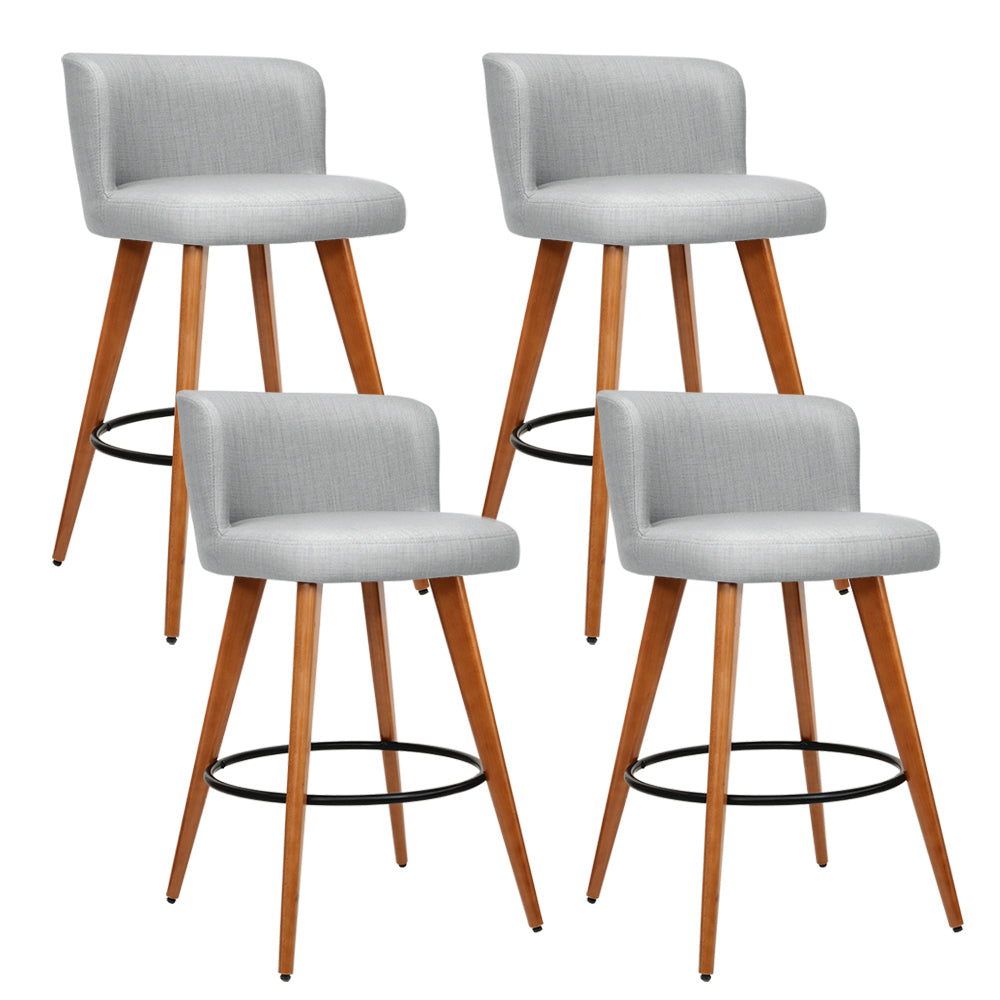 Table & Bar Stools - 4x Bar Stools Linen Padded Wooden Grey