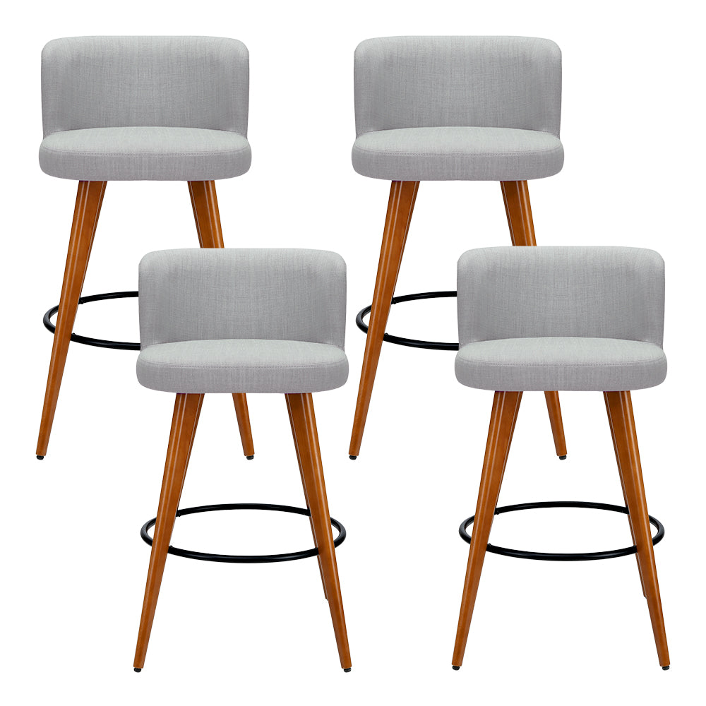 4x Bar Stools Linen Padded Wooden Grey, Linen finish