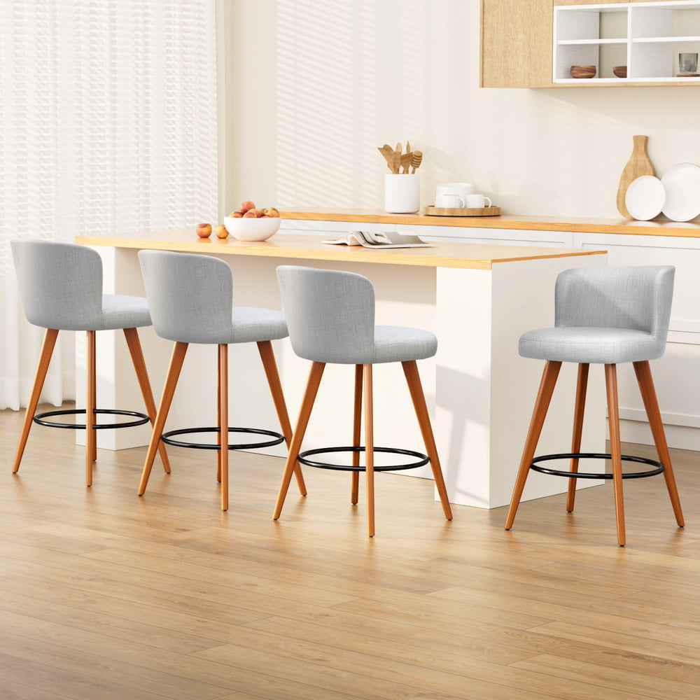 4x Bar Stools Linen Padded Wooden Grey - Modern