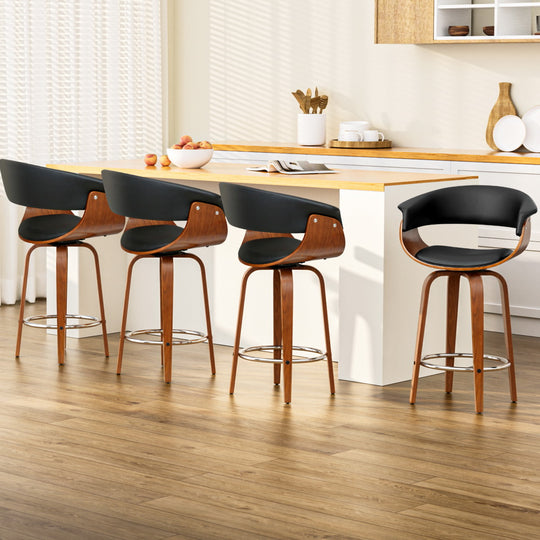 4x Bar Stools Swivel PU Seat Wooden - Leather Stool Wood Black
