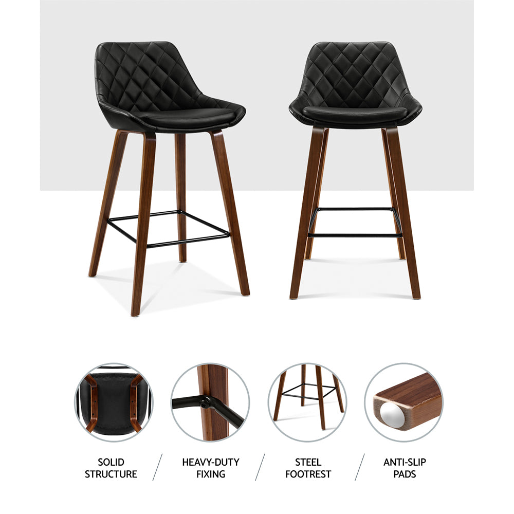 2x Kitchen Bar Stools Wooden Stool Chairs Bentwood Barstool Leather Black