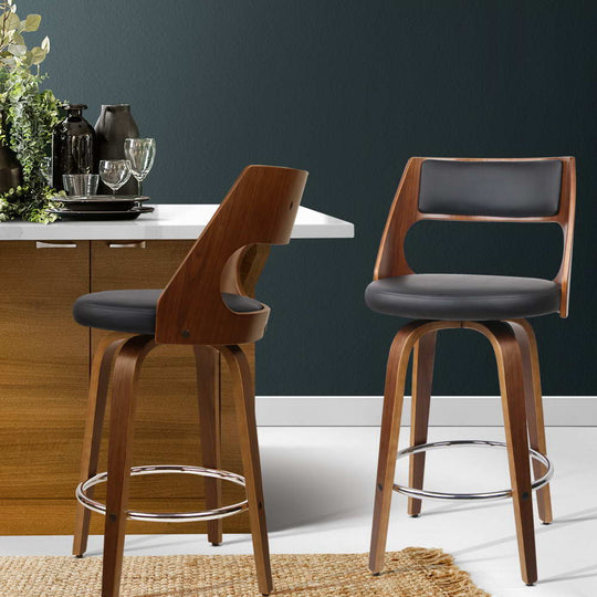 2x Swivel Bar Stools 65cm Leather Chairs Kitchen Counter - Table & Bar Stools