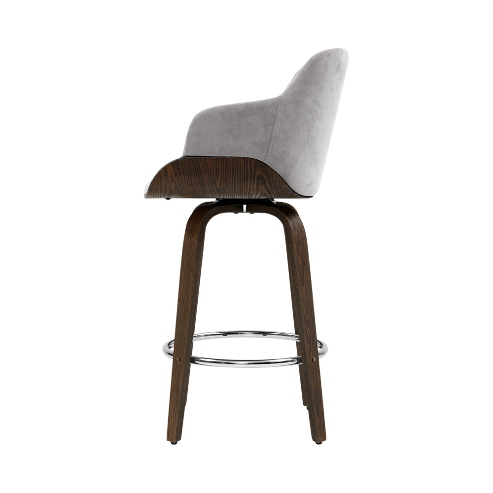 1x Kitchen Bar Stools Wooden Bar Stool Chairs Swivel Velvet Fabric Grey