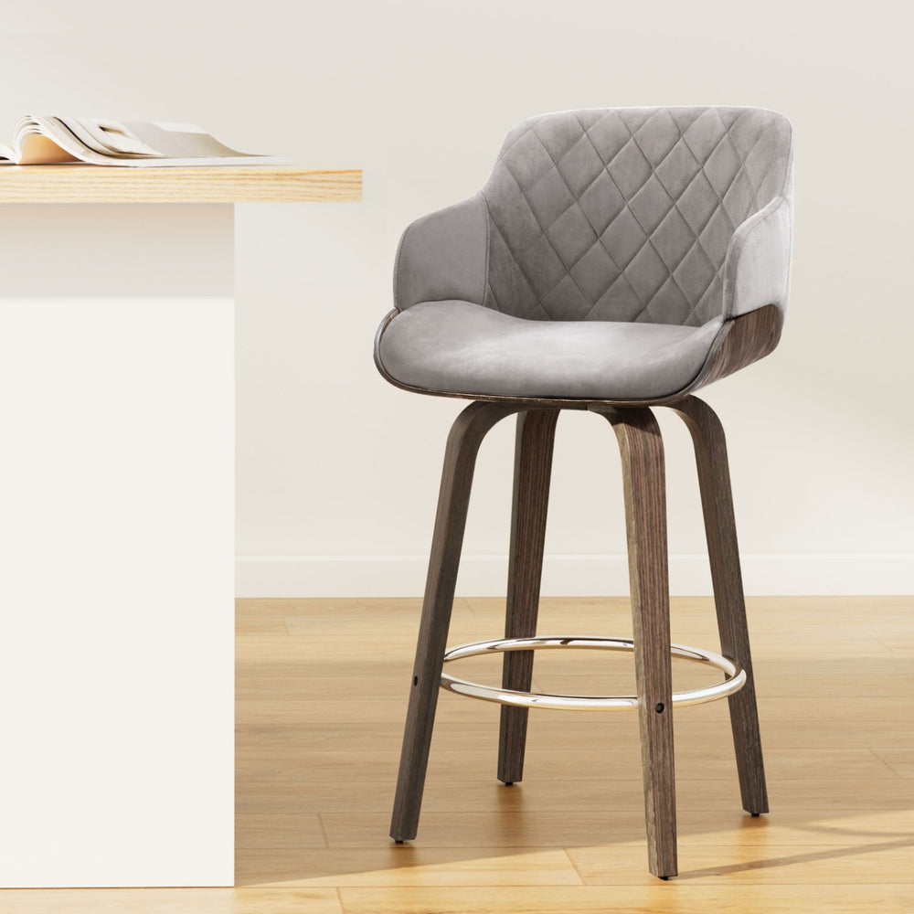 1x Kitchen Bar Stools Wooden Bar Stool Chairs Swivel Velvet Fabric Grey
