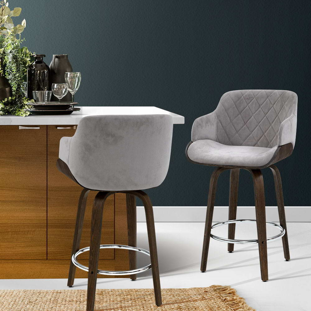 1x Kitchen Bar Stools Wooden Bar Stool Chairs Swivel Velvet Fabric Grey