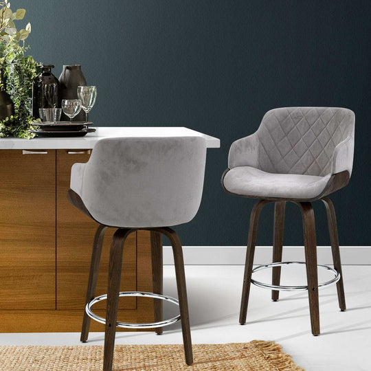 Bar Stools Swivel Velvet Padded Wooden Fabric Grey