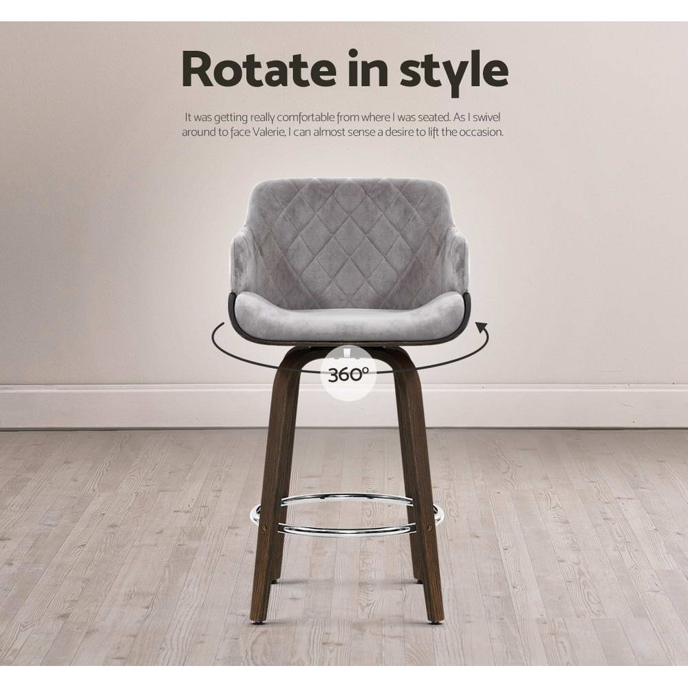 2x Bar Stools Swivel Velvet Padded Wooden