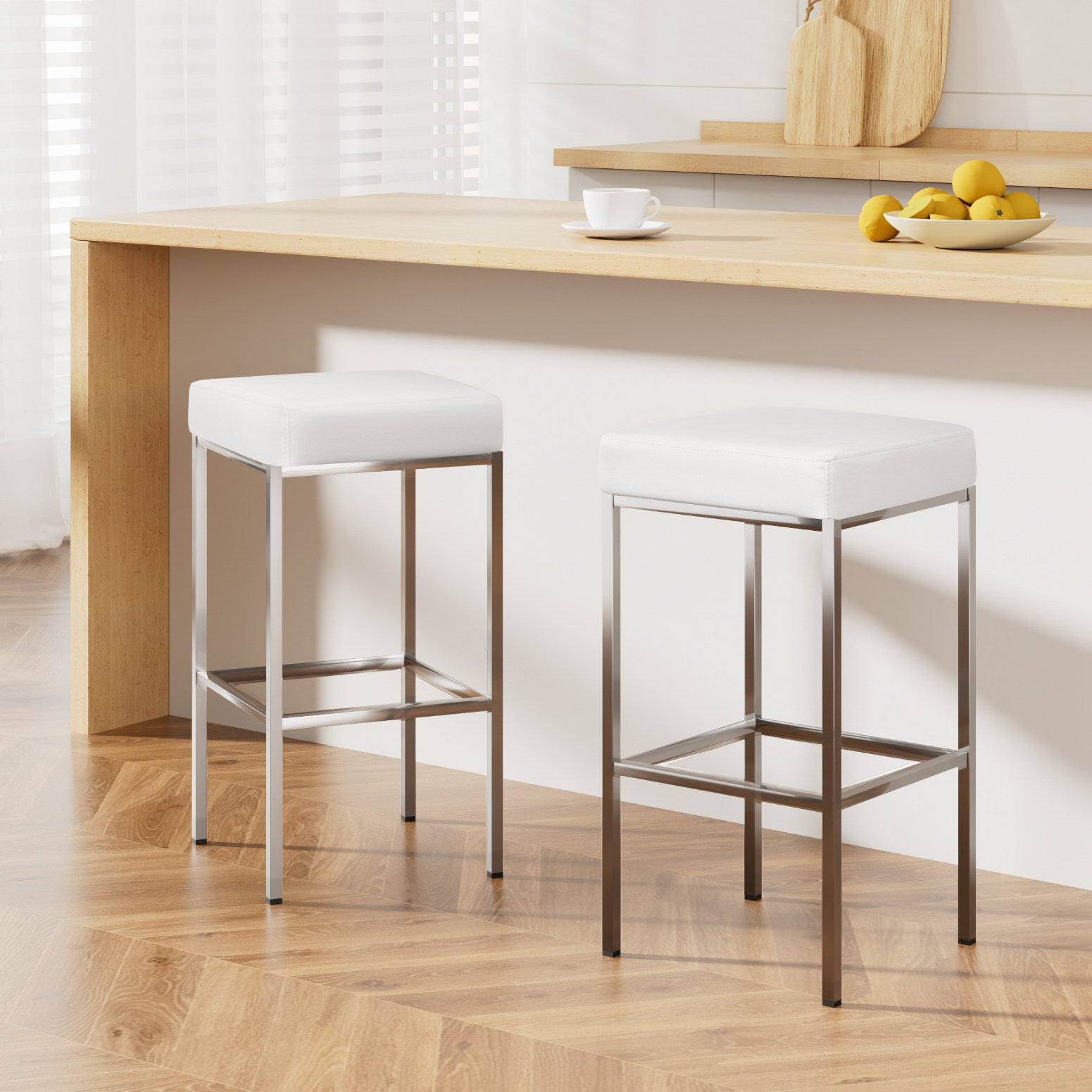 2x Bar Stools White Leather Padded Metal Frame Kitchen Counter Chairs