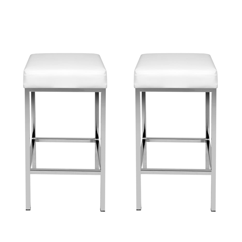 2x Bar Stools White Leather Padded Metal Frame Kitchen Counter Chairs