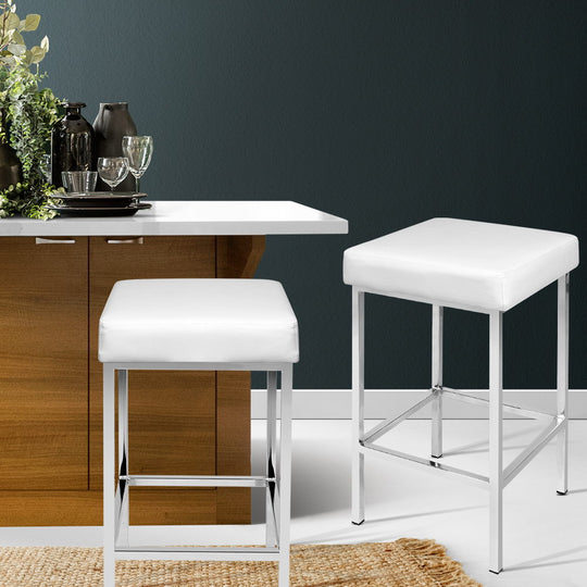 2x Bar Stools White Leather Padded Metal Frame Kitchen Counter Chairs - Table & Bar Stools
