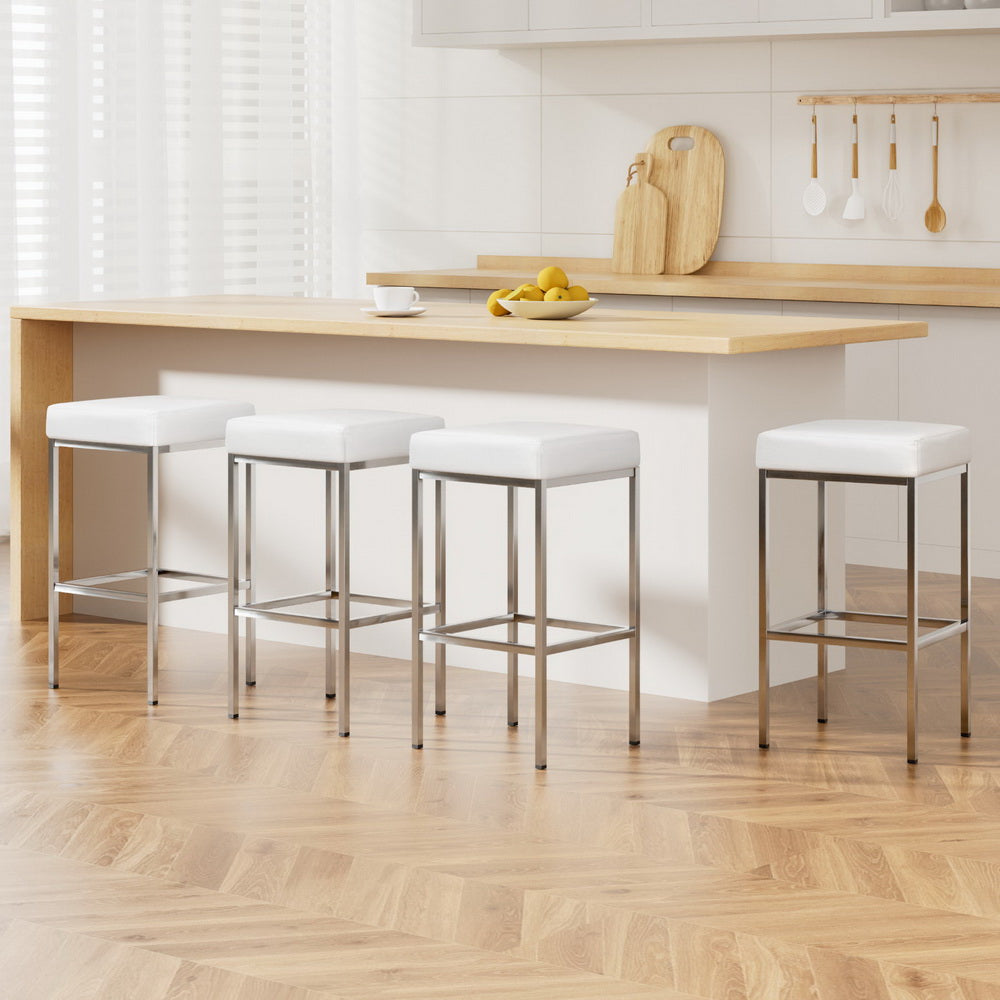 4x Bar Stools Leather Padded Metal White Stylish