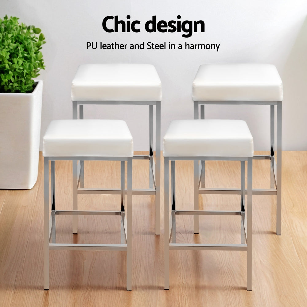 559fz - 4x Bar Stools Leather Padded Metal White Stylish
