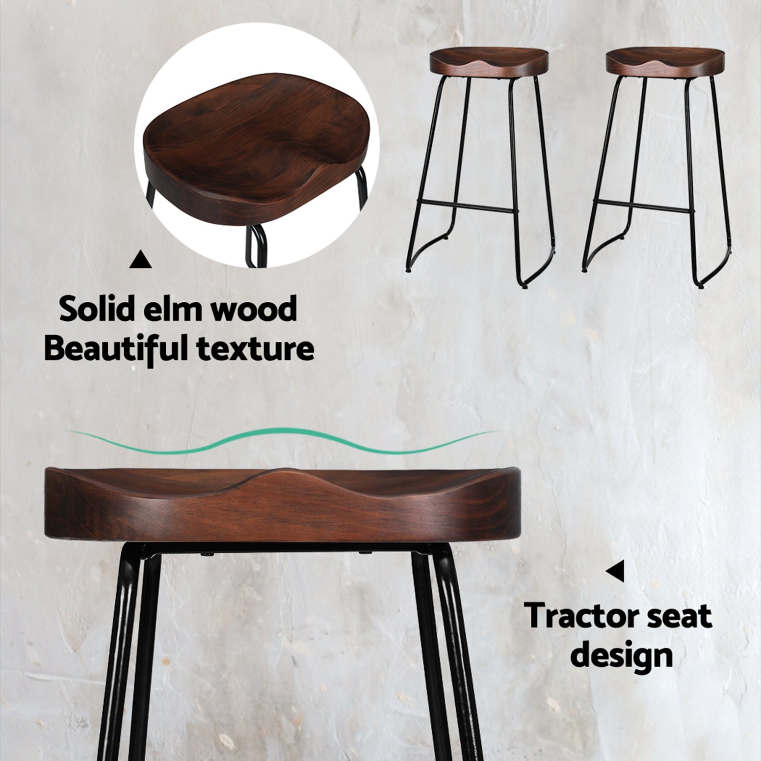 75Cm - 4x Bar Stools Tractor Seat 75cm Black