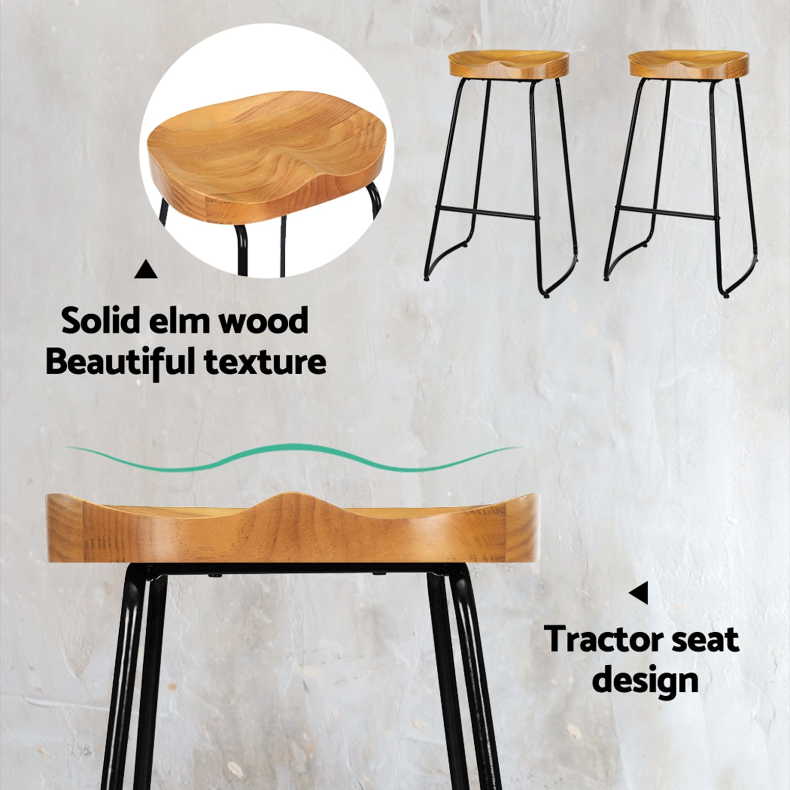 Vintage - 4x Tractor Seat Bar Stools 75cm Wooden Kitchen Counter Chairs