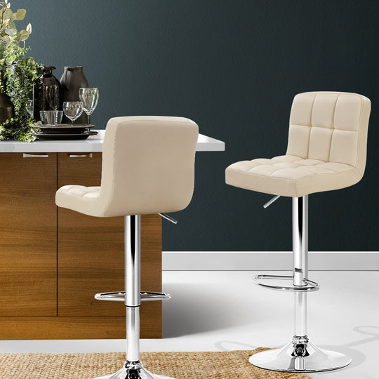 2x Bar Stools Leather Gas Lift Kitchen Chairs Swivel Beige - Table & Bar Stools