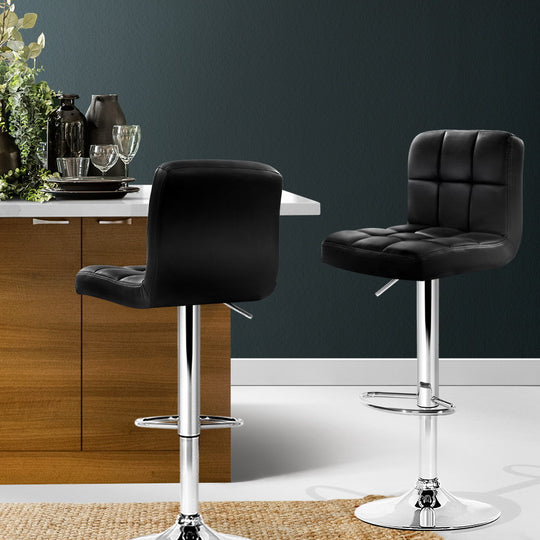 2x Bar Stools Leather Gas Lift Black - Table & Bar Stools